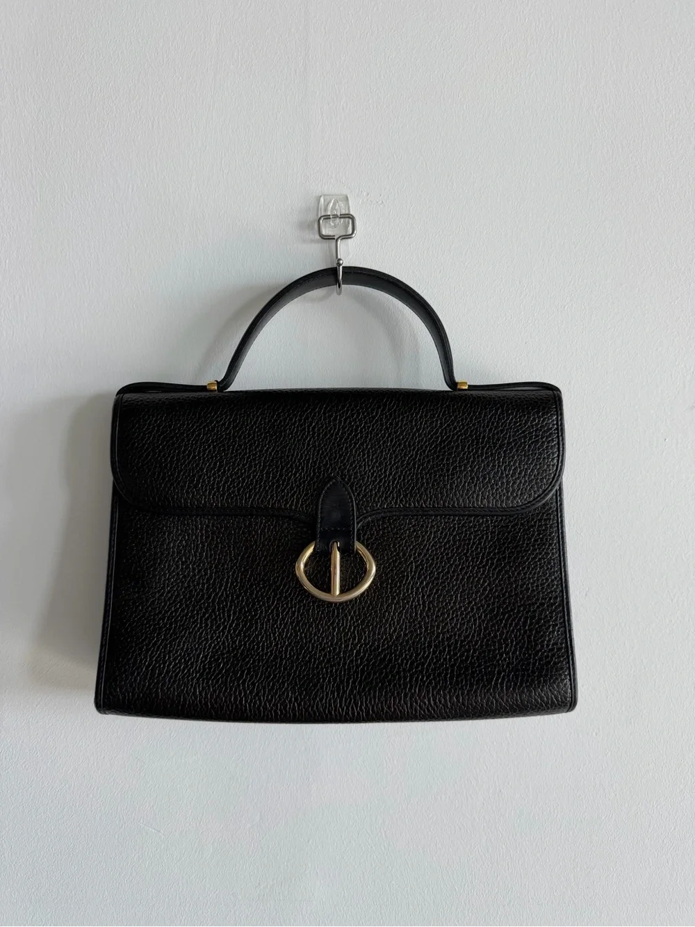 Vintage Dior Black Pebbled Leather Top-Handle Satchel with Gold Ring